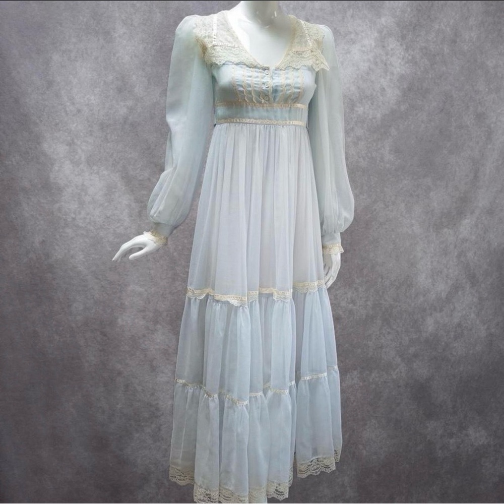 Vintage 70s Gunne Sax Baby Blue Chiffon Prairie Maxi Dress, ~24” underbust‎
